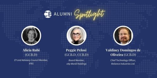 “Alumni Spotlight,” the Competent Boards logo, headshots: Alicia Rubi, Peggie Pelosi, and Valdiney Domingos de Oliveira.